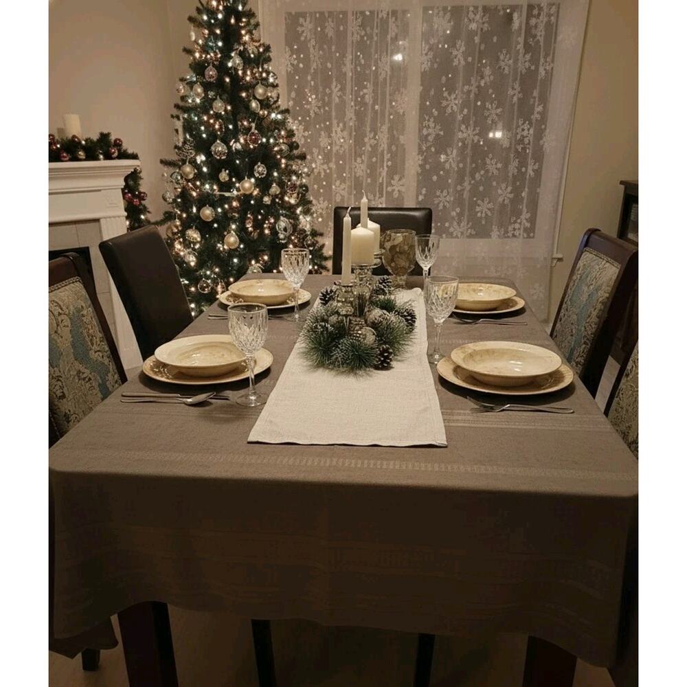 Vtg Tan‎ Striped Retro Classic Cottage Kitchen Dining Decor Tablecloth 82"x55"